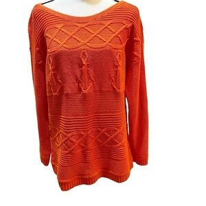 Talbots Orange Cotton Textured Sweater Boat Neck Anchors on Front Sz XL Petite